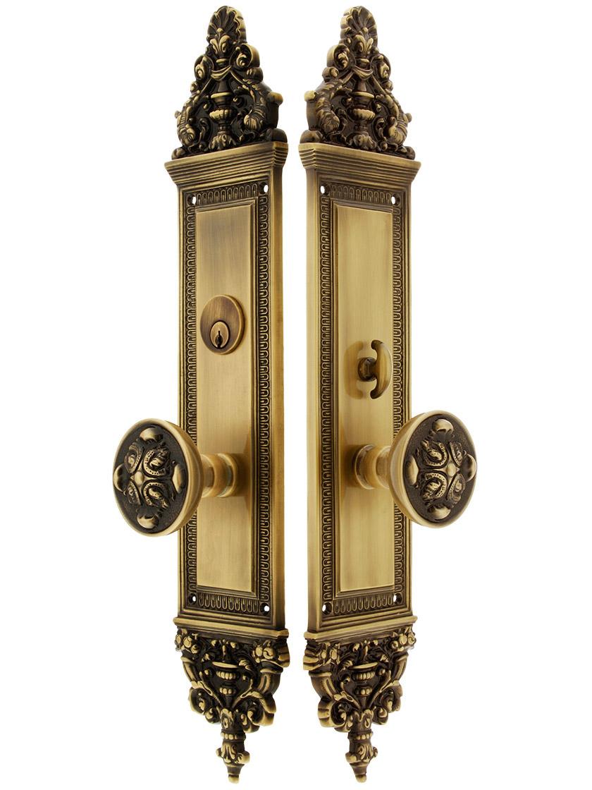 18 inch Apollo Single Cylinder Mortise Entry Set With Maltesia Knobs In Antique Brass